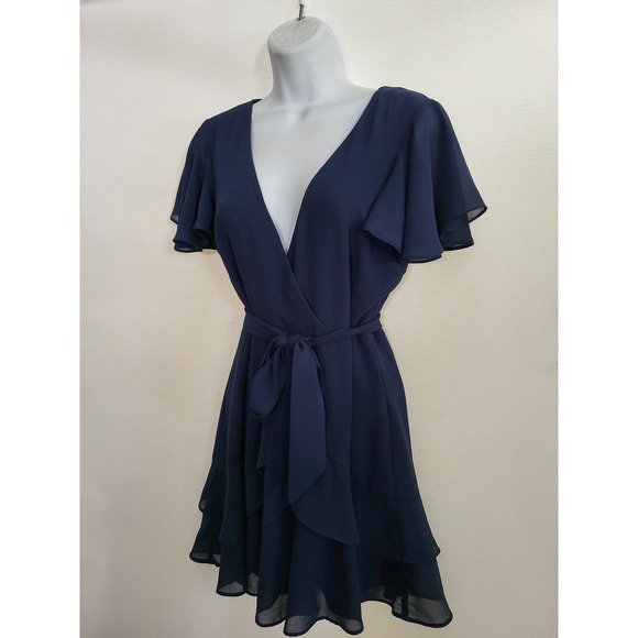 Lulus Navy Blue V-Neck Flutter Sleeve Tiered Ruffle Mini Dress with Tie Waist - Picture 3 of 5